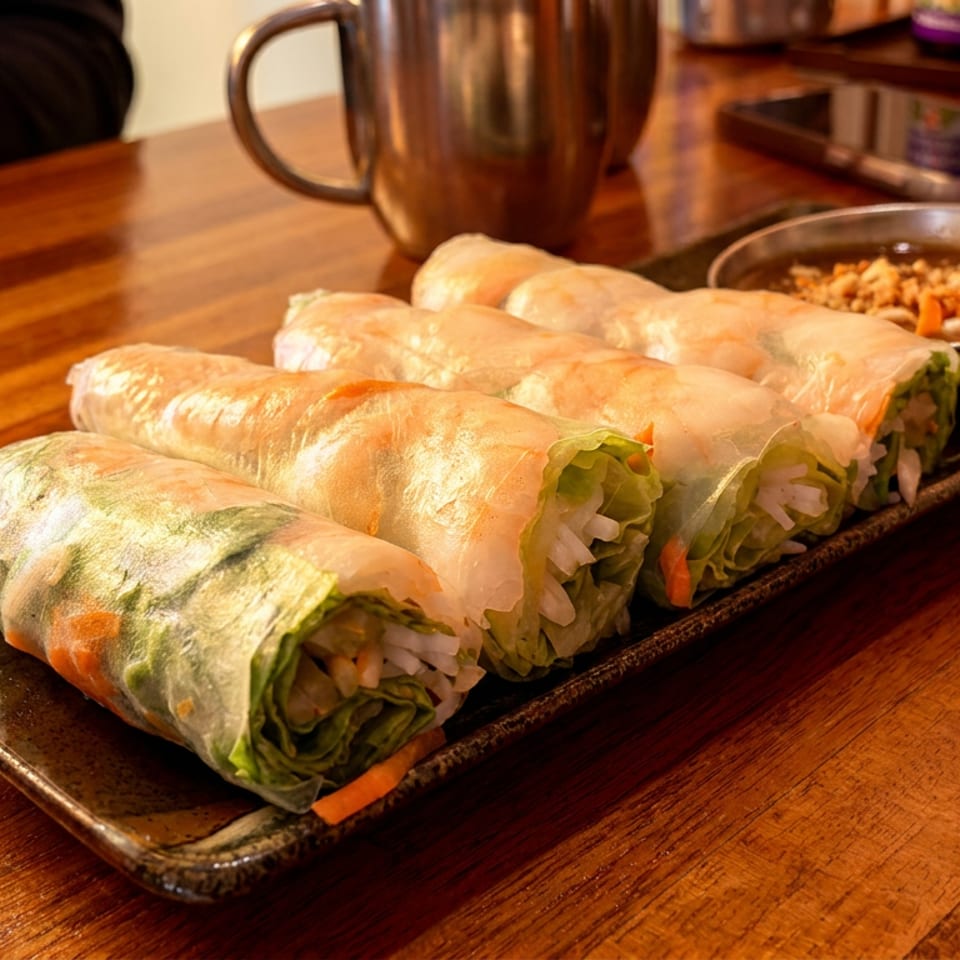 Five fresh spring rolls with shrimp and vegetables on a plate with dipping sauce.