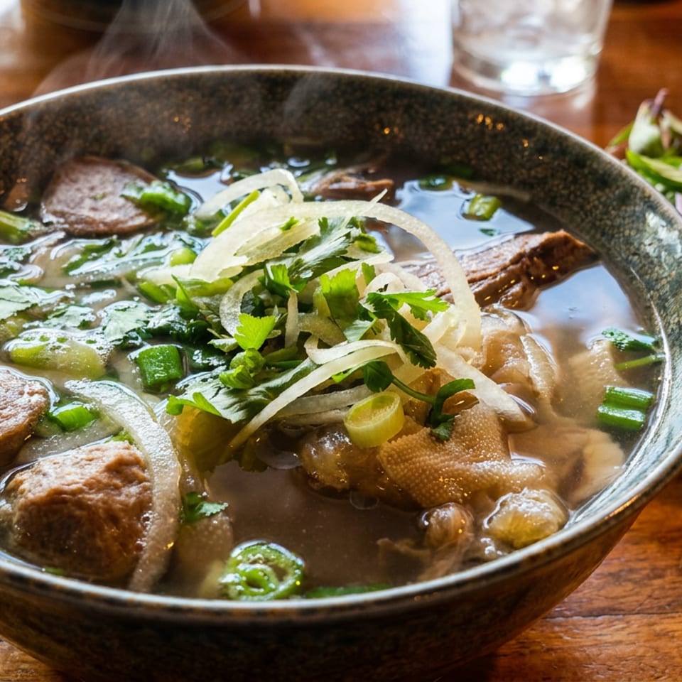 Steaming bowl of pho with beef, tripe, meatballs, and fresh herbs, next to a plate of garnishes.