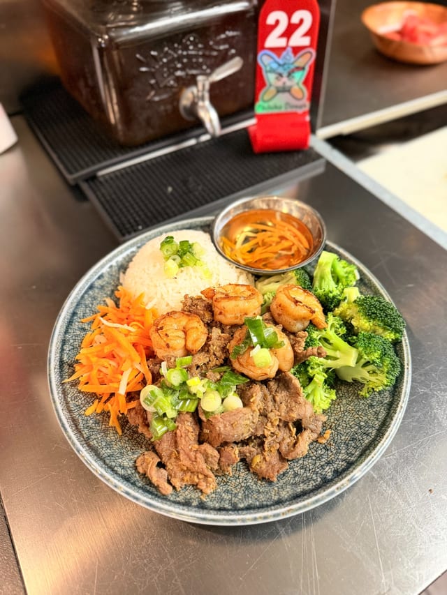 Grilled Shrimp & Beef Over Rice (Cơm Tôm Bò Nướng).