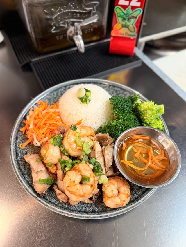 Grilled Shrimp & Chicken Over Rice (Cơm Tôm Gà Nướng).