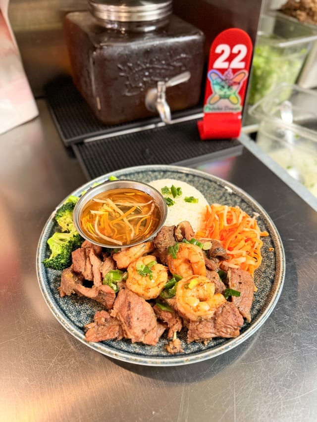 Grilled Shrimp & Pork Over Rice (Cơm Tôm Heo Nướng).